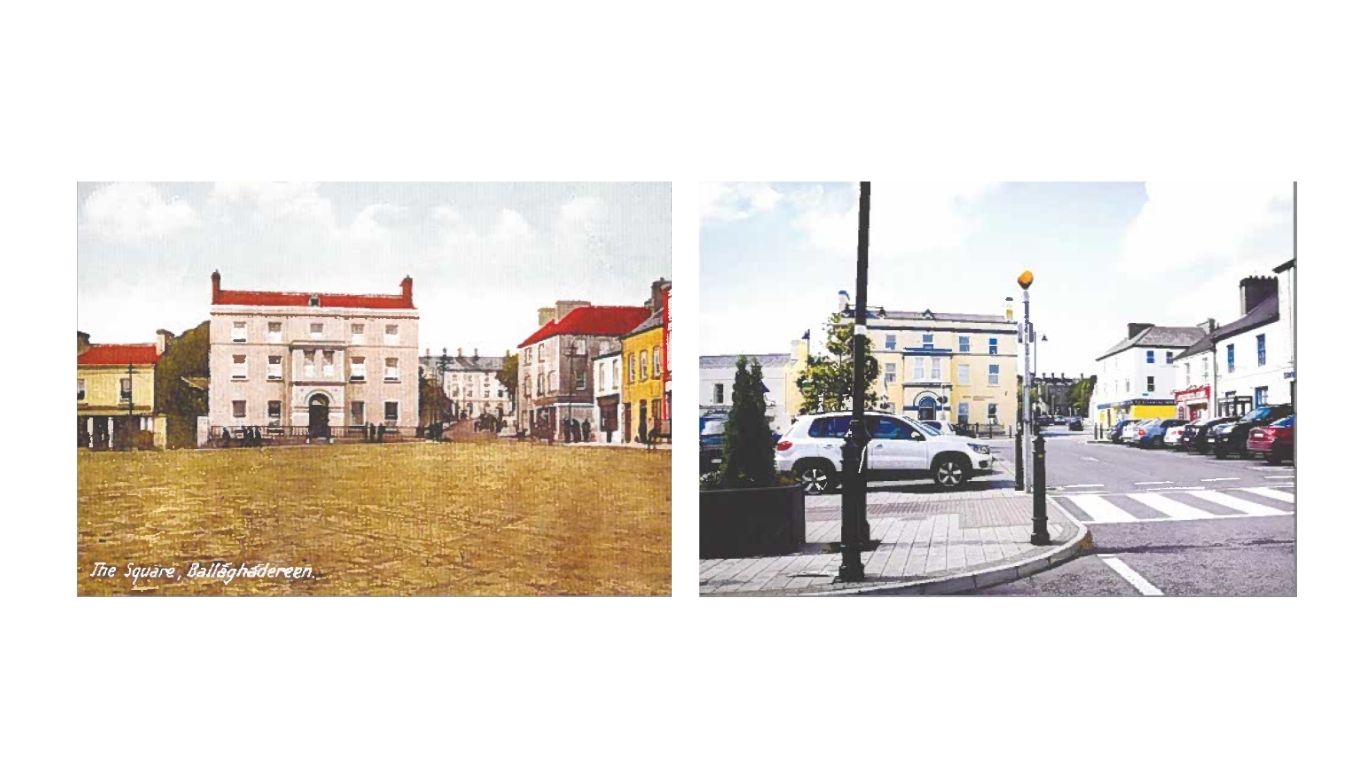 The Gathering Postcard 2013, featuring The Square, Ballaghaderreen past and present Past and present view of The Square Ballaghaderreen showing Dillon House, the site of the present-day branch library