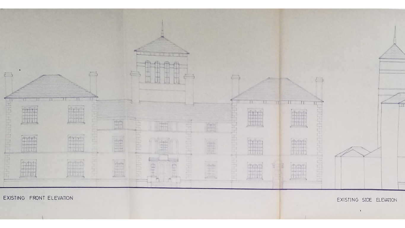 Front Elevation Library Headquarters 1988 Front elevation of Roscommon Library building, showing the main entrance, modern façade, windows, and front porch and door viewed from the street