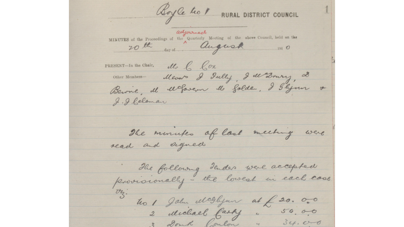 Boyle Rural District Council Minutes, August 1910 Page showing hand-written minutes